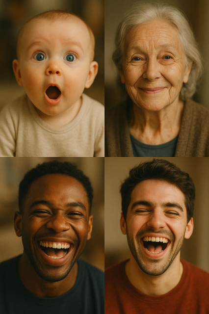 多様な人々の感情豊かな表情を捉えた4分割の写真コラージュ。左上には驚きの表情の赤ちゃん、右上には穏やかな笑顔の年配女性、下段には人種の違う二人の若い男性が楽しそうに笑っている。