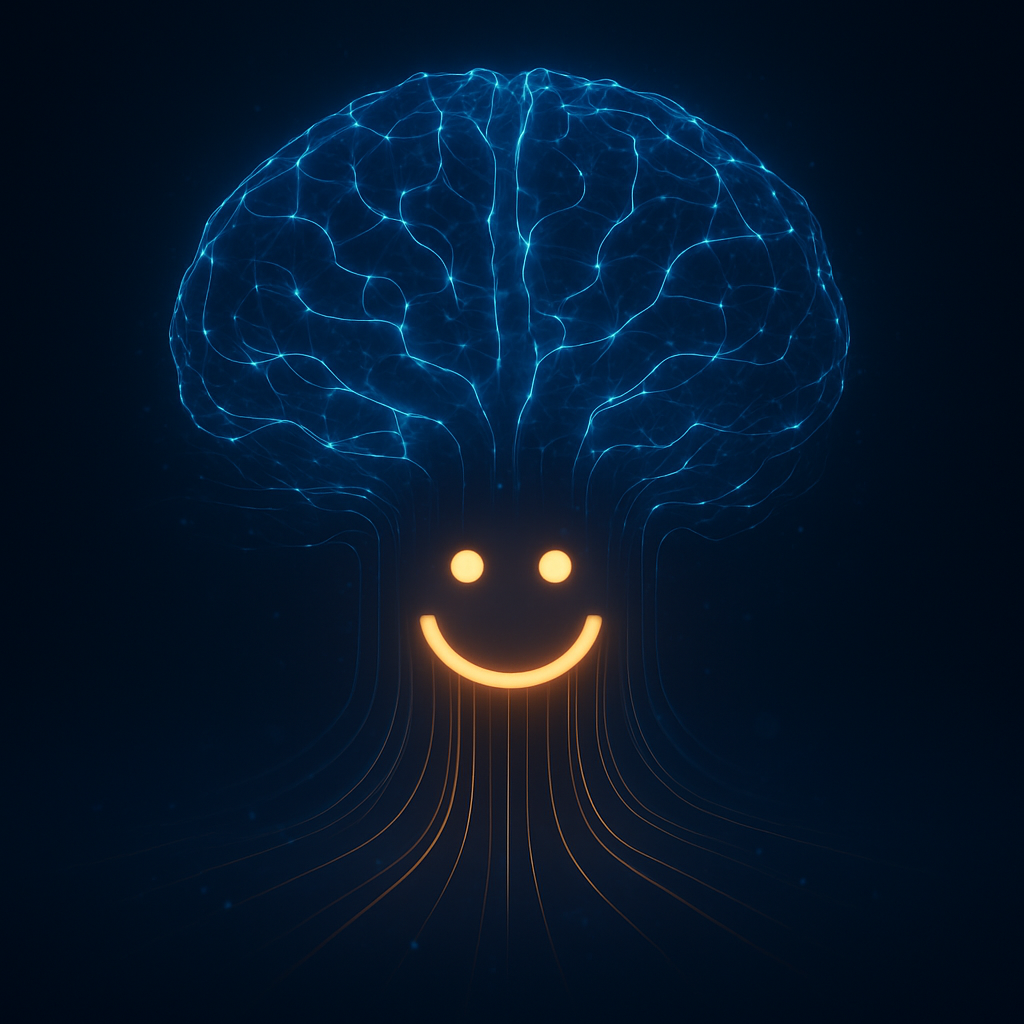 ニューラルネットワークのように青く光る脳から、オレンジ色のデータが流れ込み、笑顔のアイコンを形作っている様子